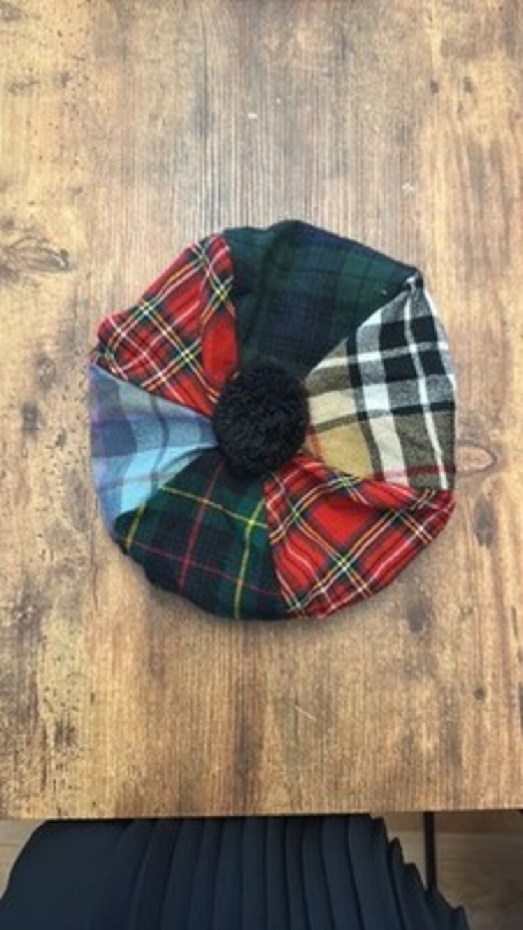 Vintage Tartan Plaid Patchwork Tam o' Shanter Beret Hat with Pompom